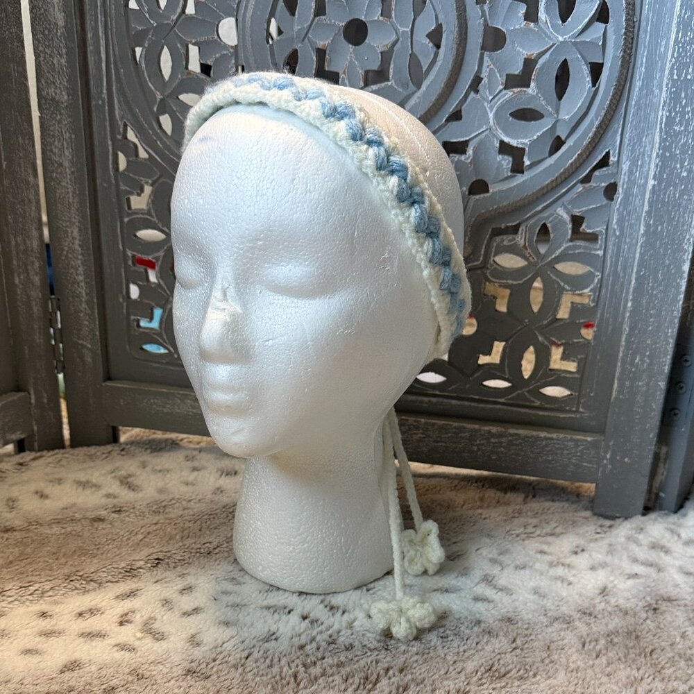 White baby blue crochet beaded style headband floral festival boho wanderlust